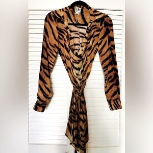 HAUTE HIPPIE. Wrap Mini Dress in Silk & Tiger Animal Print.
